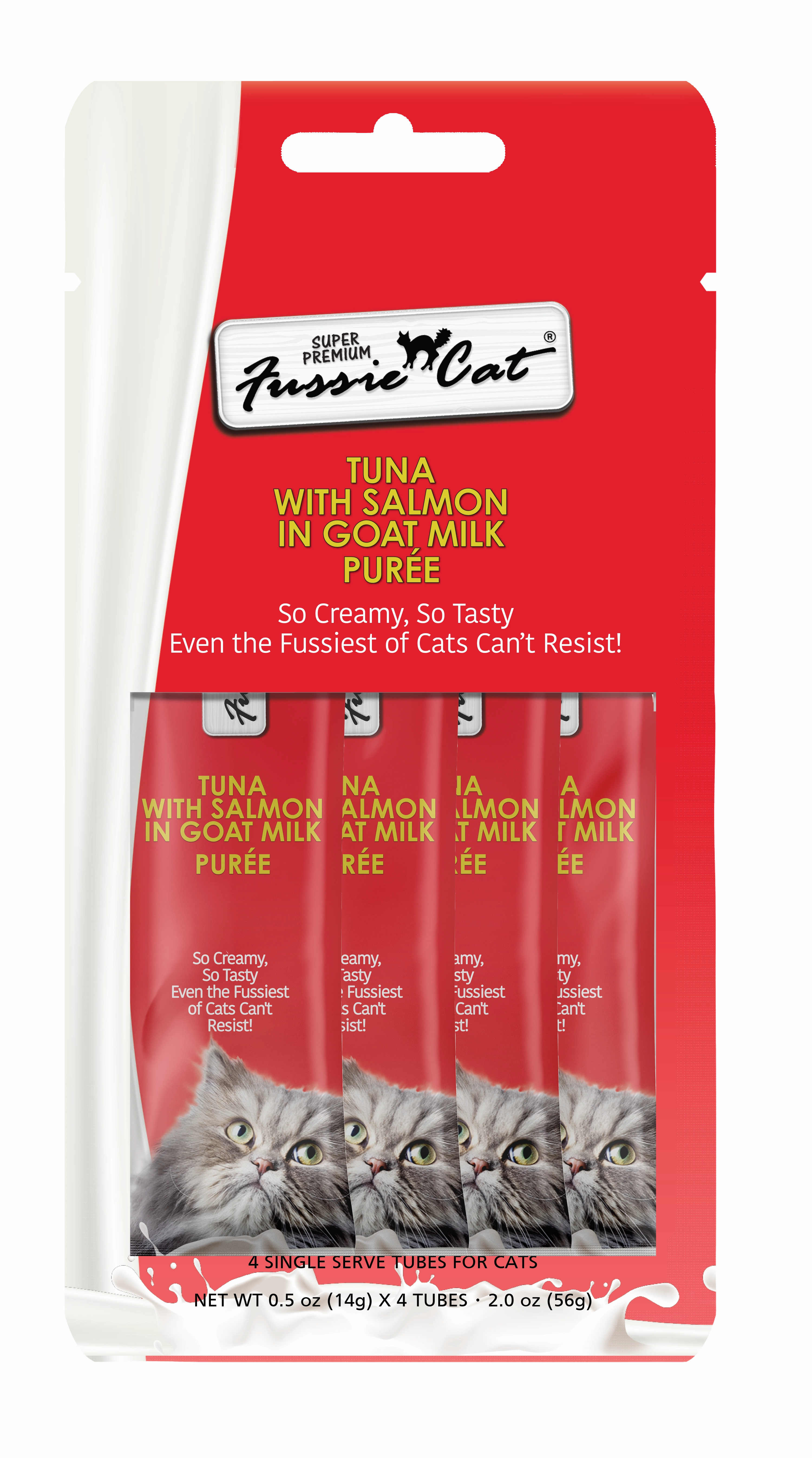 Fussie Cat Goat Milk Pure - Tuna with Salmon 4pk 2oz Bag cat toys interactive cat toys cat teaser wand cat balls cat laser pointer