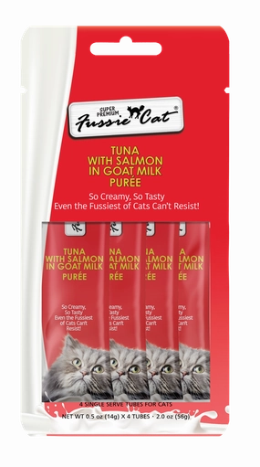 Fussie Cat Goat Milk Pure - Tuna with Salmon 4pk 2oz Bag cat toys interactive cat toys cat teaser wand cat balls cat laser pointer