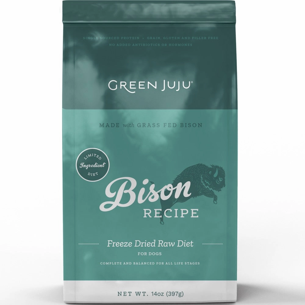 Green Juju Bison Recipe Grain-Free Freeze-Dried Raw Dog Food 14oz dog supplies dog food toys accessories dog bed