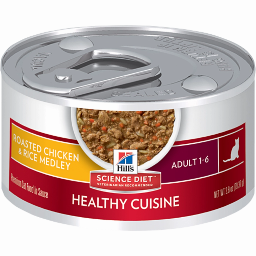 Hill's Science Diet Healthy Adult Cuisine Roasted Chicken & Rice Medley Canned Cat Food cat calming diffuser cat stress relief anxiety cat treats cat relaxing spray pet mood aid