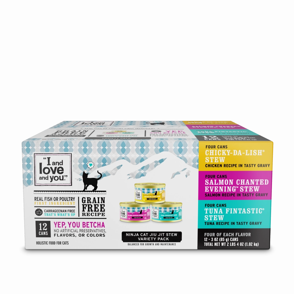 I and Love and You Chicky-Da-Lish, Salmon Chanted Evening and Tuna Fintastic Stew Multi-Pack Canned Cat Food cat calming diffuser cat stress relief anxiety cat treats cat relaxing spray pet mood aid