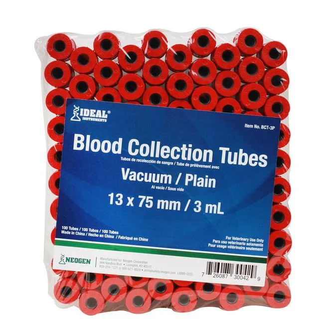 Ideal Blood Collection Vacuum Tubes, Red, 3 mL, 100 ct