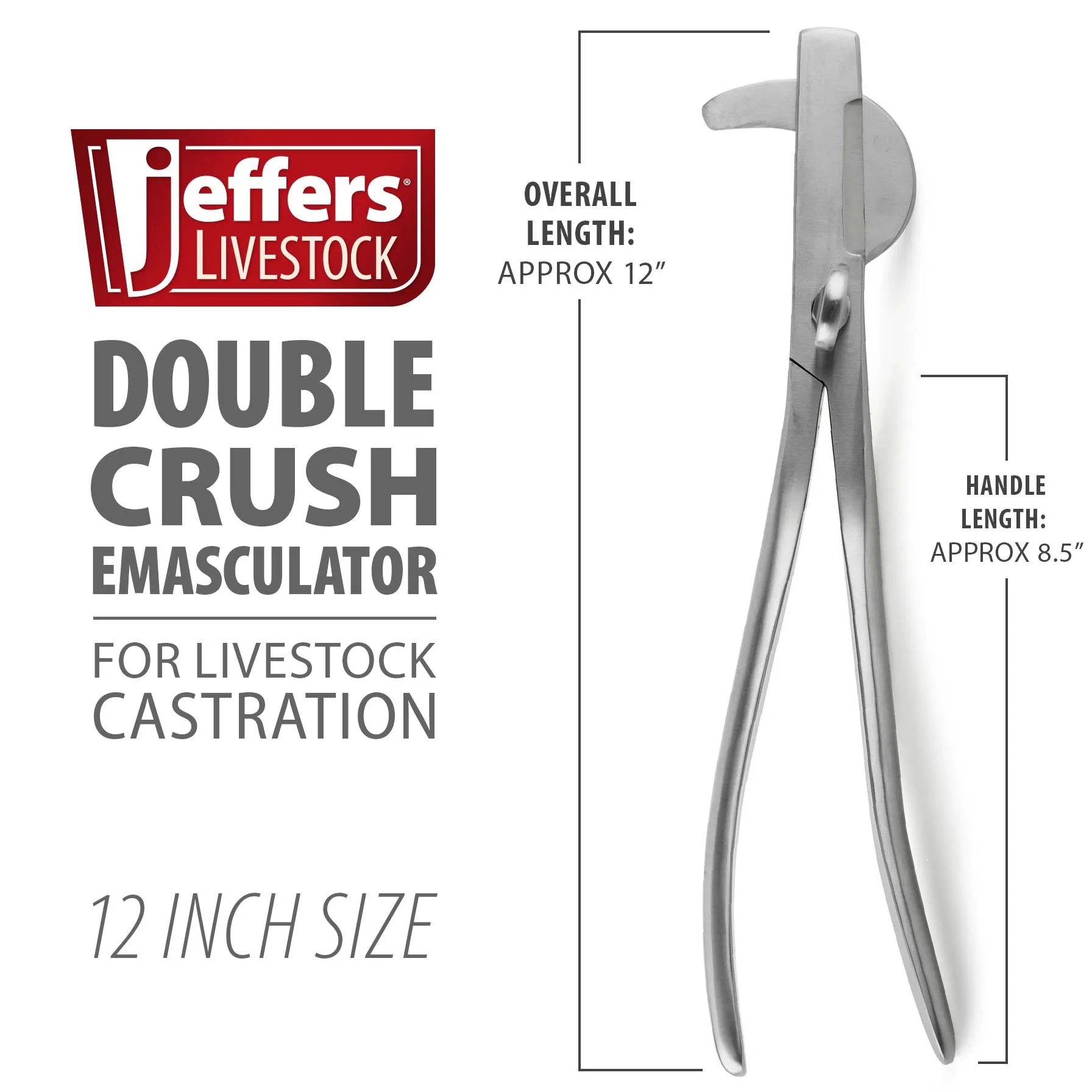 Jeffers Double Crush Emasculator in Stainless Steel, 9" or 12"