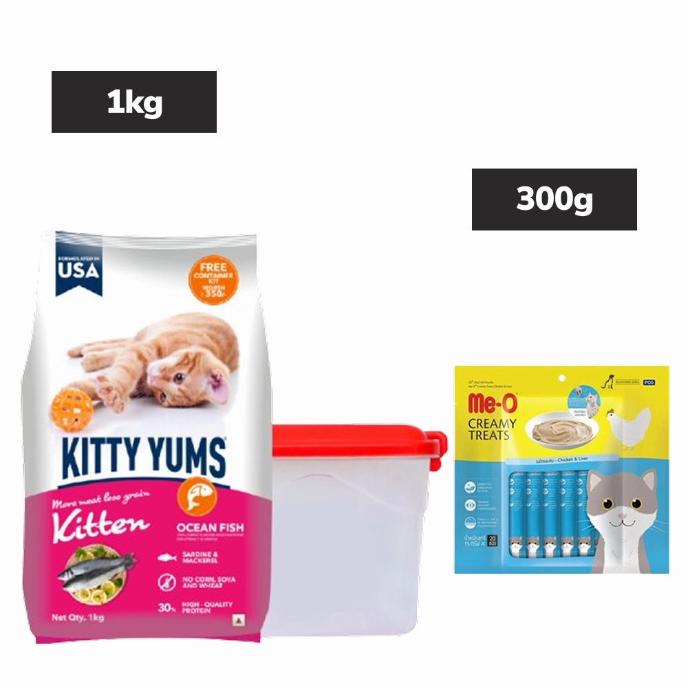 Kitty Yums Ocean Fish Kitten Dry Food, Me O Creamy Chicken Liver Cats Treats Combo