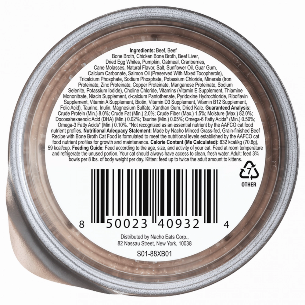 Made By Nacho Minced Grass-Fed, Grain-Finished Beef Recipe Cat Food With Bone Broth And Prebiotics