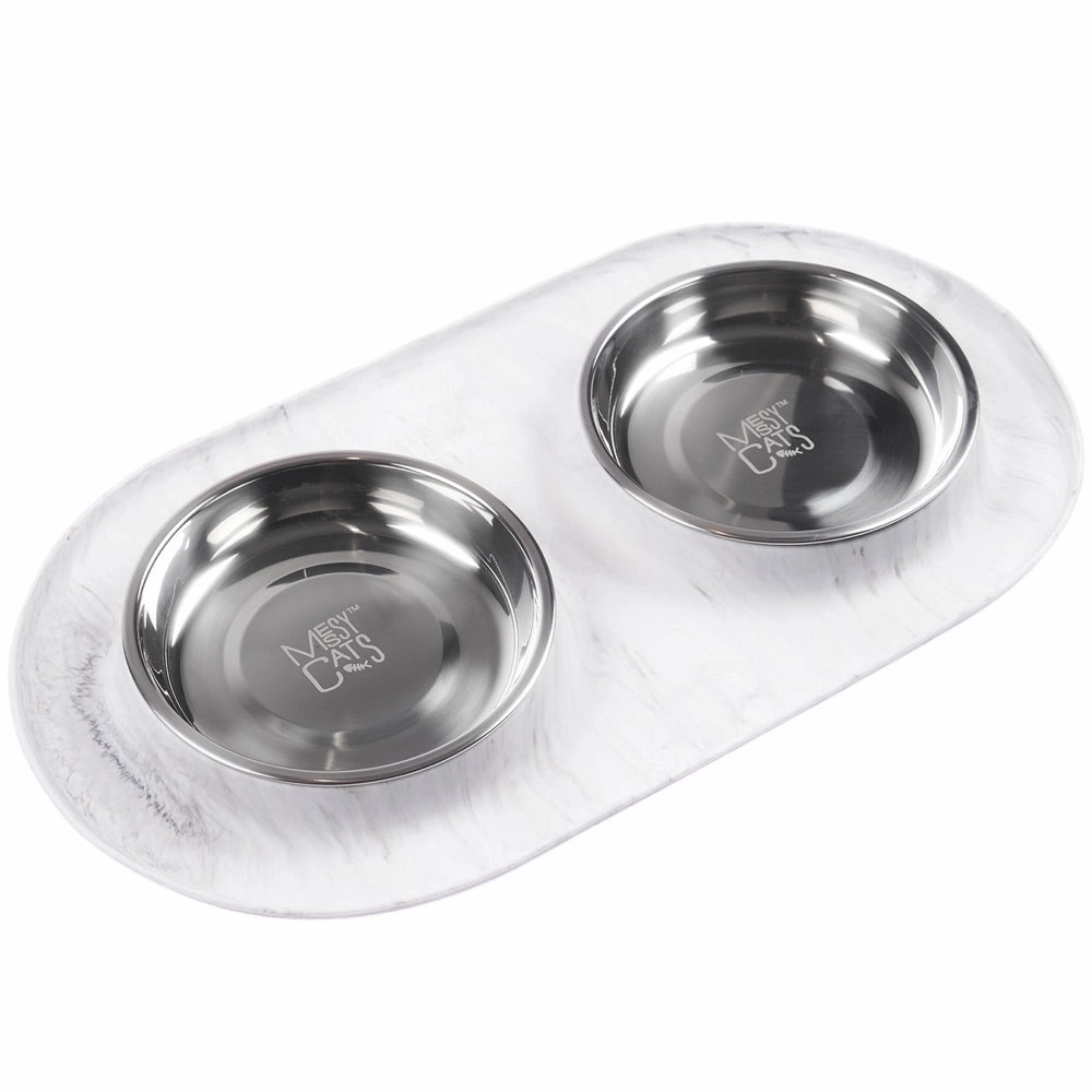 Messy Cats Double Silicone Feeder With Stainless Steel Cat Bowls (Marble) cat leash cat bowtie cat hat cat bandana cat costume