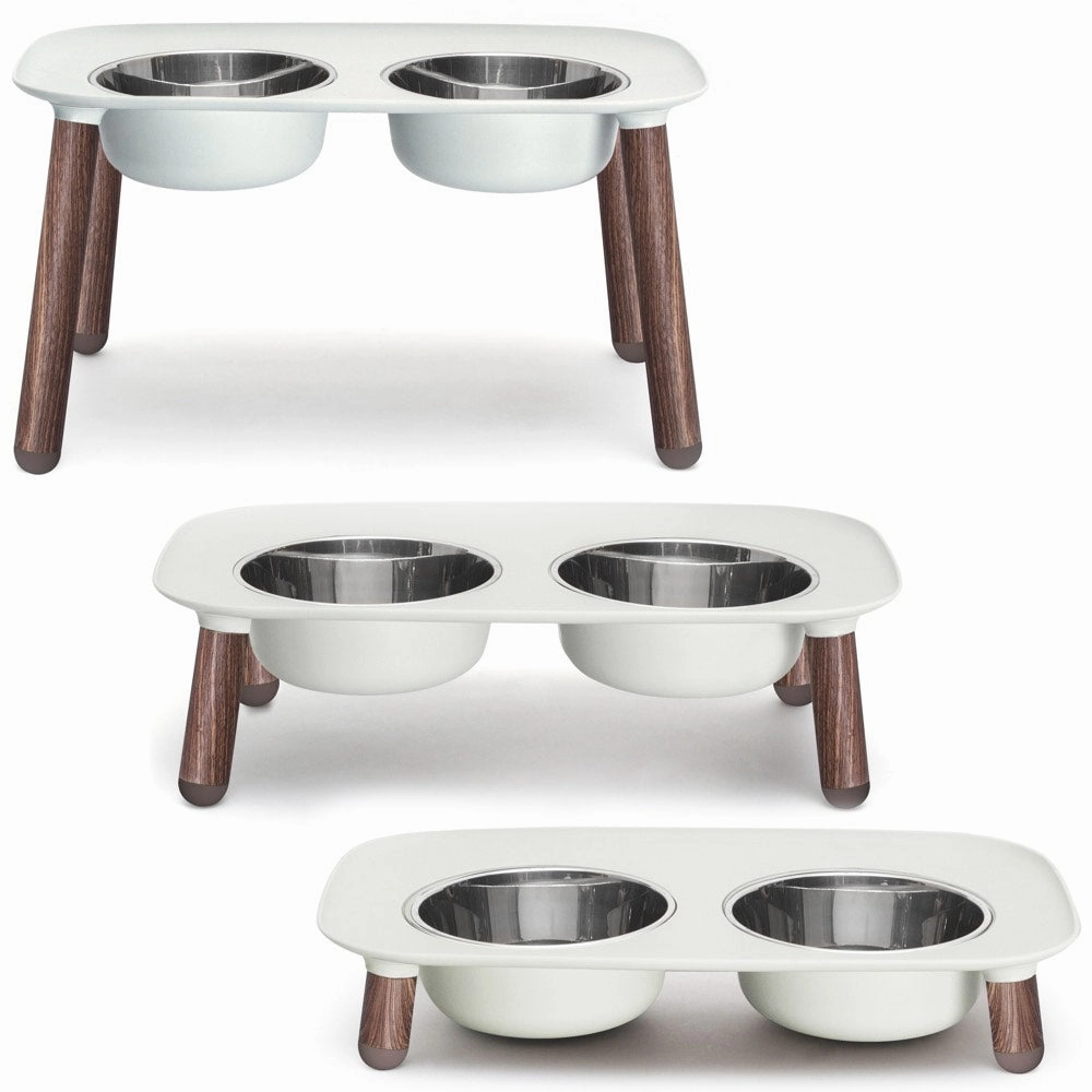 Messy Mutts Adjustable Elevated Double Feeder With Stainless Steel Dog Bowls (Light Grey, Faux Wood Legs) dog harness dog training collar dog safety vest dog seatbelt dog ID tag