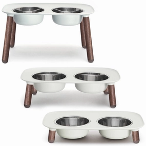 Messy Mutts Adjustable Elevated Double Feeder With Stainless Steel Dog Bowls (Light Grey, Faux Wood Legs) dog harness dog training collar dog safety vest dog seatbelt dog ID tag
