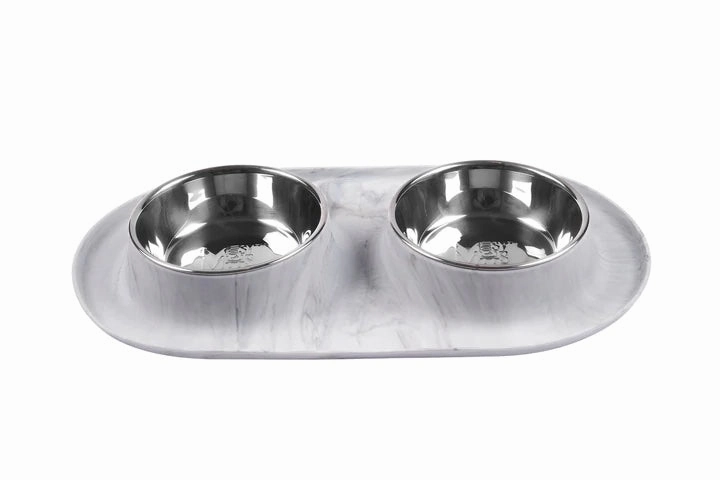 Messy Mutts Double Silicone Feeder with Stainless Bowl - Medium 1.5 Cup Bowl - Marble dog pain relief hip joint supplement senior dog care pet arthritis aid dog skin supplement
