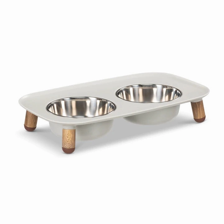 Messy Mutts Elevated Double Feeder with Stainless Bowls - Adjustable Height 3" to 10", 5 Cups Per Bowl - Light Grey w/ Faux Wood Legs