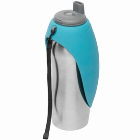 Messy Mutts Stainless Steel Travel Dog Water Bottle With Silicone Flip Up Bowl (Blue) dog harness dog training collar dog safety vest dog seatbelt dog ID tag