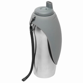 Messy Mutts Stainless Steel Travel Dog Water Bottle With Silicone Flip Up Bowl (Grey) dog harness dog training collar dog safety vest dog seatbelt dog ID tag