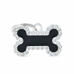 My Family USA Pet Tag - Bones Apoxie & Strass "Glam" - Black Glam Silver Bone - Small dog accessories dog collar dog leash dog bowtie dog backpack