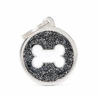 My Family USA Pet Tag - Glitter Apoxie Circles "Shine" - Black Glitter White Bone - Large dog accessories dog collar dog leash dog bowtie dog backpack