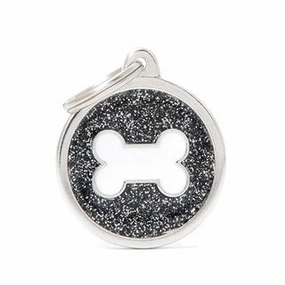 My Family USA Pet Tag - Glitter Apoxie Circles "Shine" - Black Glitter White Bone - Large dog accessories dog collar dog leash dog bowtie dog backpack