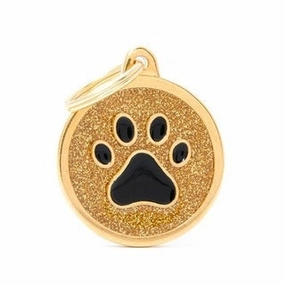 My Family USA Pet Tag - Glitter Apoxie Circles "Shine" - Gold Glitter Black Paw - Large dog accessories dog collar dog leash dog bowtie dog backpack
