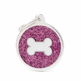My Family USA Pet Tag - Glitter Apoxie Circles "Shine" - Pink Glitter White Bone - Large dog accessories dog collar dog leash dog bowtie dog backpack