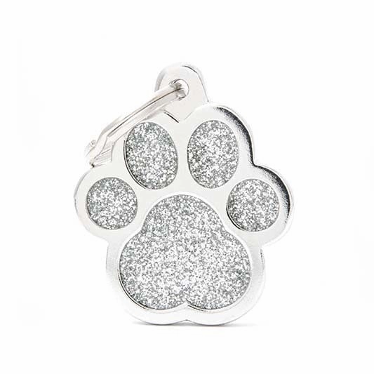 My Family USA Pet Tag - Glitter Apoxie Shapes "Shine" - Paw Glitter Silver - Large dog accessories dog collar dog leash dog bowtie dog backpack