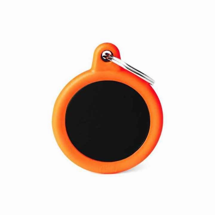 My Family USA Pet Tag - New "Hushtag" - Black Circle Aluminum Orange Rubber - Large dog accessories dog collar dog leash dog bowtie dog backpack