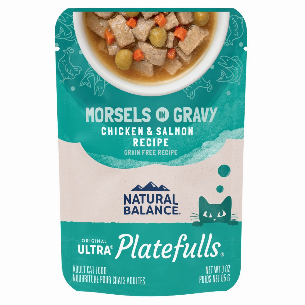Natural Balance Original Ultra Platefulls Chicken & Salmon Recipe Morsels in Gravy Wet Cat Food Pouches cat calming diffuser cat stress relief anxiety cat treats cat relaxing spray pet mood aid