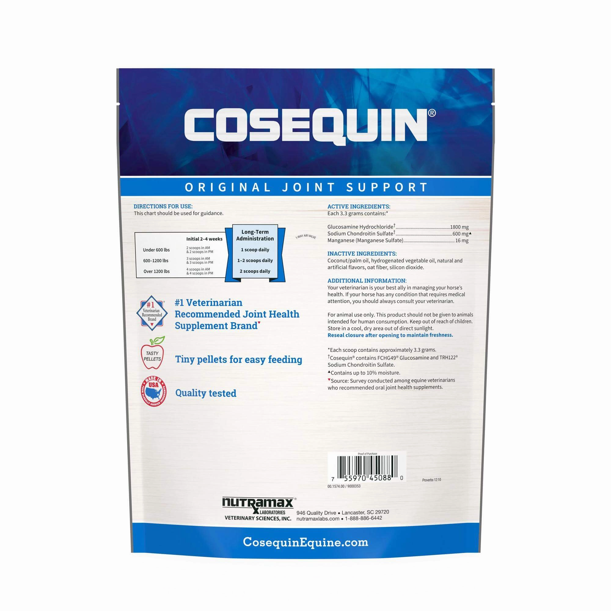 Nutramax Cosequin Original Pellets Joint Health Supplement for Horses, 910 Grams