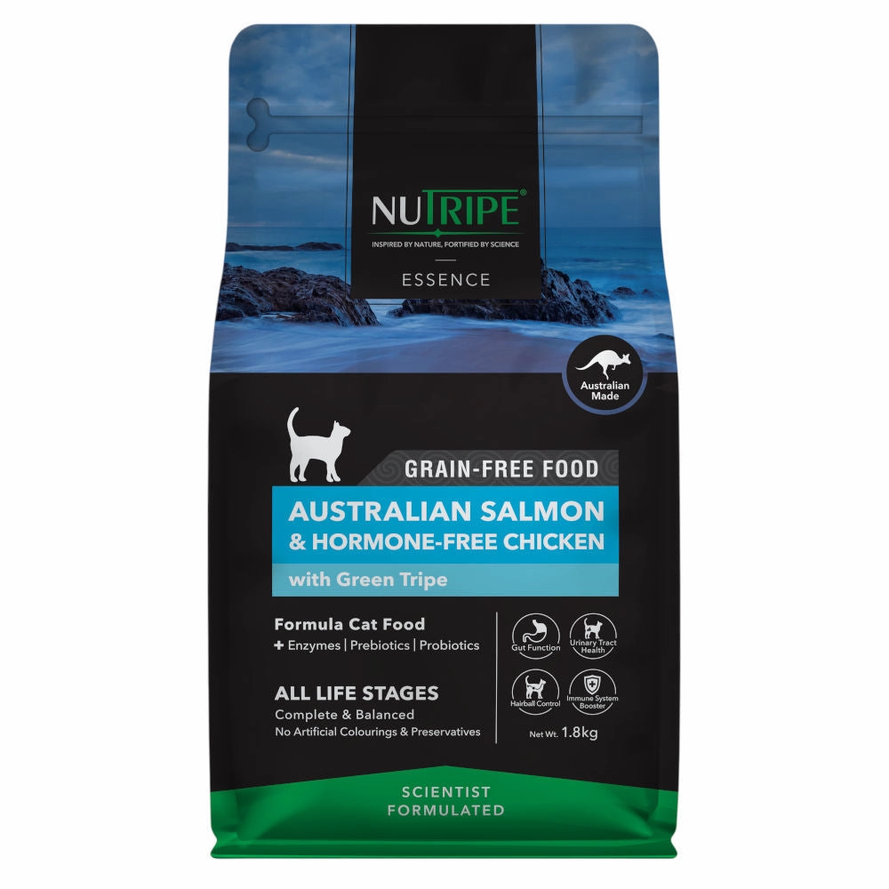 Nutripe Essence Australian Salmon & Chicken with Green Tripe Grain-Free Dry Cat Food natural cat food soft cat treats freeze dried cat food organic cat treats indoor cat food