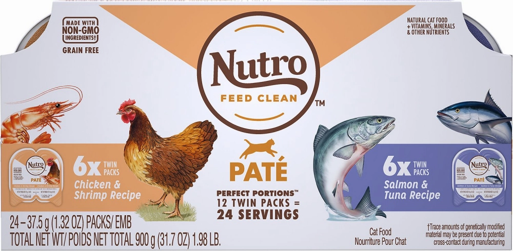 Nutro Perfect Portions Grain Free Salmon & Tuna and Chicken & Shrimp Pate Wet Cat Food Tray Variety Pack cat calming diffuser cat stress relief anxiety cat treats cat relaxing spray pet mood aid