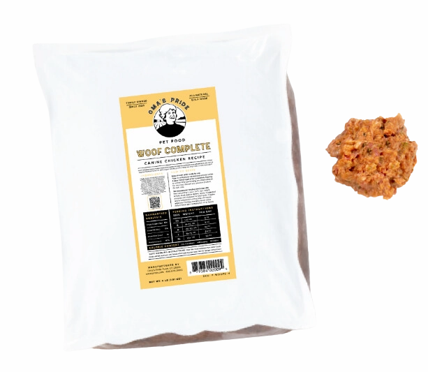 Oma's Pride Frozen Raw Woof Complete Canine Chicken Recipe 4lb Block livestock health goat wellness poultry spray cattle health aid goat nutrition