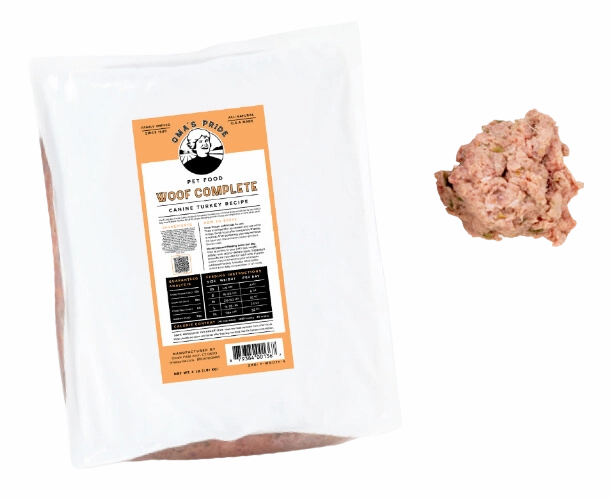 Oma's Pride Frozen Raw Woof Complete Canine Turkey Recipe 4lb Block livestock health goat wellness poultry spray cattle health aid goat nutrition