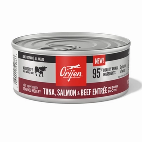 ORIJEN Tuna, Salmon   Beef Entre in Bone Broth Wet Cat Food cat calming diffuser cat stress relief anxiety cat treats cat relaxing spray pet mood aid