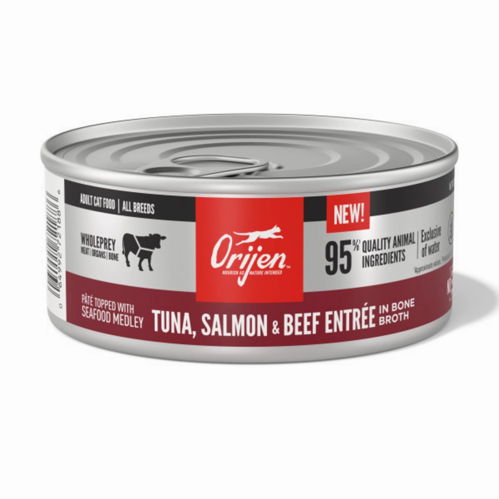 ORIJEN Tuna, Salmon   Beef Entre in Bone Broth Wet Cat Food cat calming diffuser cat stress relief anxiety cat treats cat relaxing spray pet mood aid