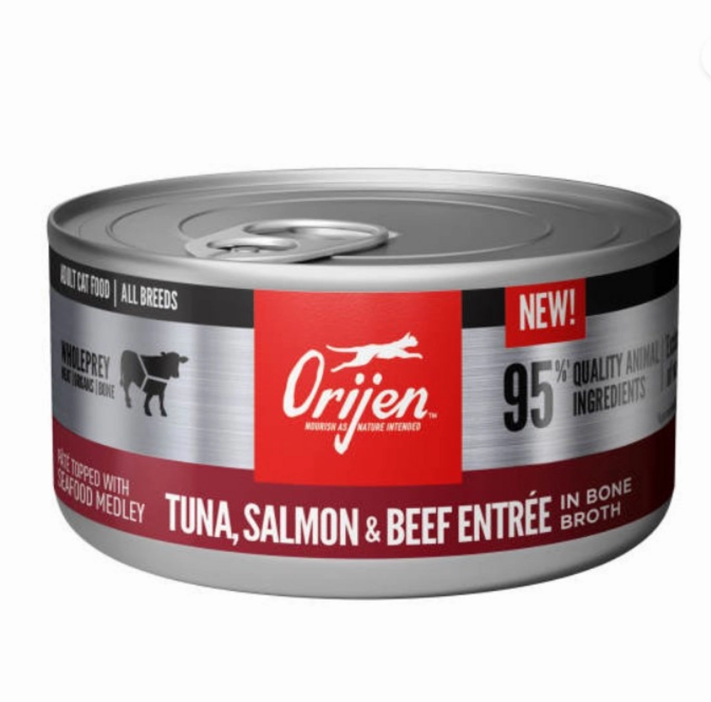 ORIJEN Tuna, Salmon & Beef Entree in Bone Broth Canned Cat Food cat calming diffuser cat stress relief anxiety cat treats cat relaxing spray pet mood aid