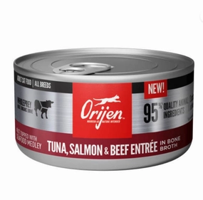 ORIJEN Tuna, Salmon & Beef Entree in Bone Broth Canned Cat Food cat calming diffuser cat stress relief anxiety cat treats cat relaxing spray pet mood aid