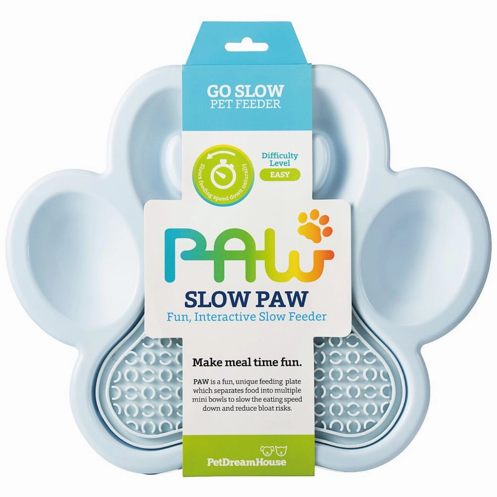 PetDreamHouse PAW 2-In-1 Interactive Slow Feeder For Cats & Dogs (Baby Blue Paw) dog bones rawhide chew sticks dog jerky bacon bone