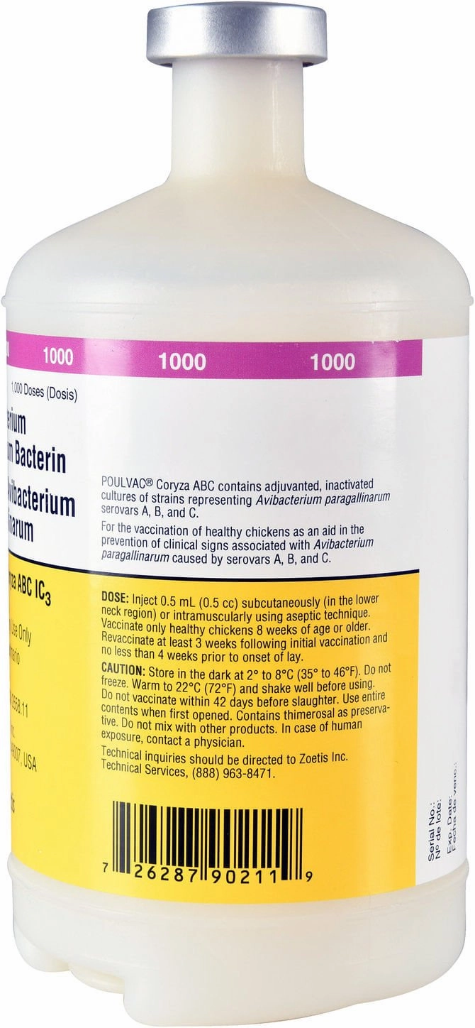 POULVAC Coryza ABC IC3 Poultry Vaccine (Haemophilus Paragallinarum Bacterin), 500 mL