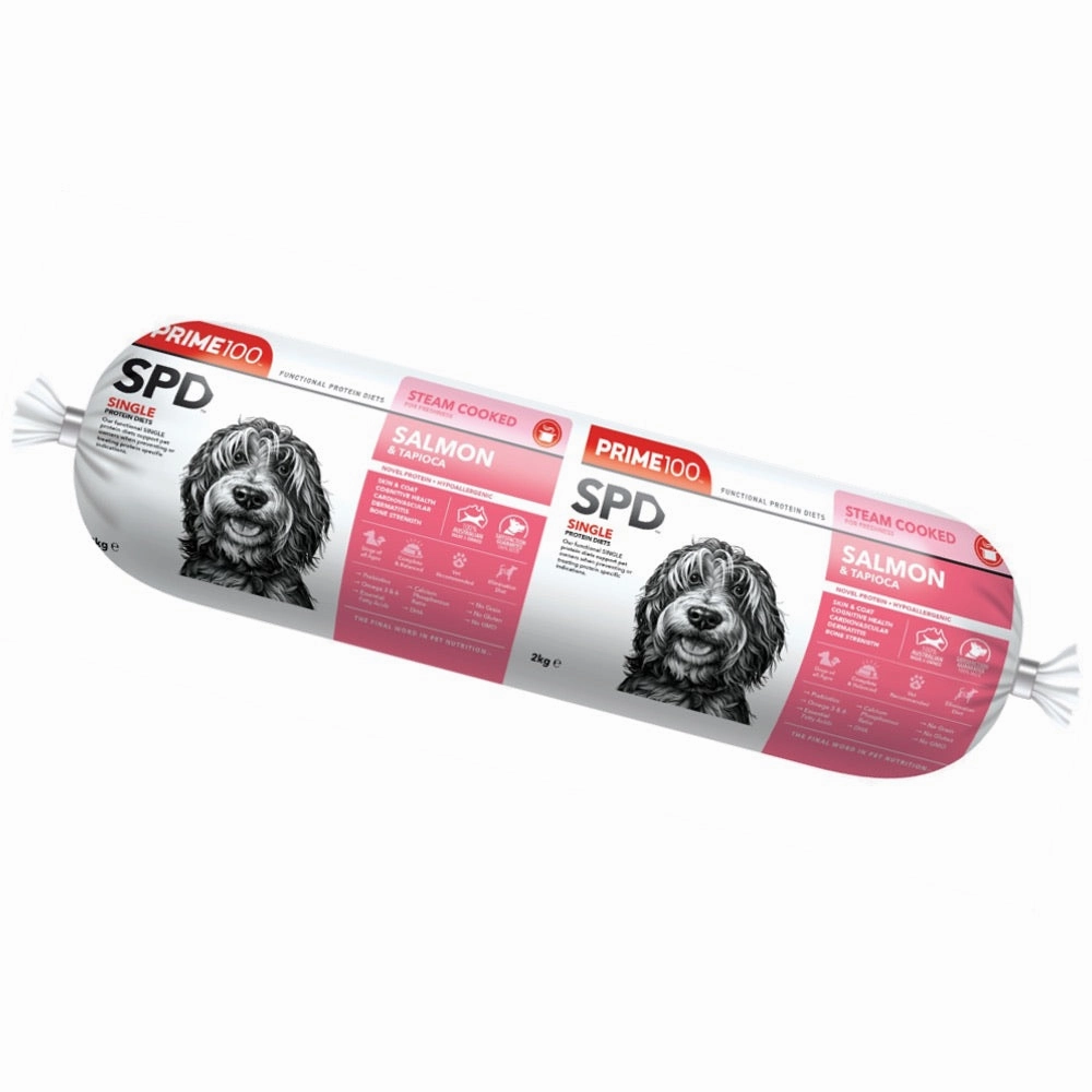 Prime100 SPD Salmon & Tapioca Grain Free Cooked Chilled Roll Dog Food 2kg (Exp 8Aug25) dog sweater dog tuxedo dog dress holiday dog outfit dog birthday shirt