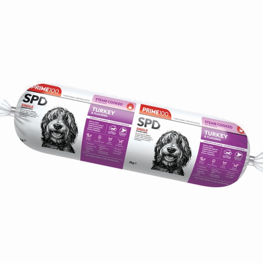 Prime100 SPD Turkey & Flaxseed Grain Free Cooked Chilled Roll Dog Food 2kg (Exp 9Aug25) dog sweater dog tuxedo dog dress holiday dog outfit dog birthday shirt