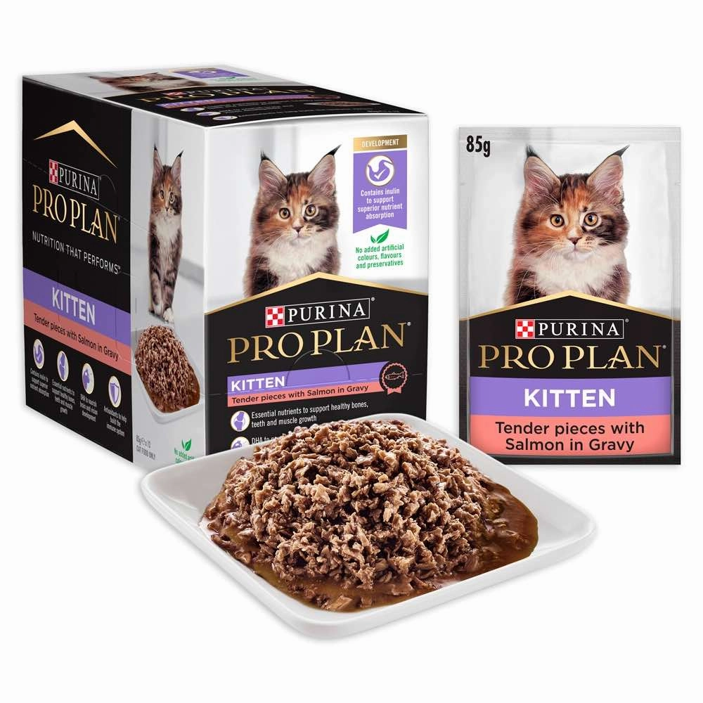 Pro Plan Tender Salmon In Gravy Kitten Pouch Cat Food 85g x 12 pet health pet wellness pet pain relief pet probiotic pet calming
