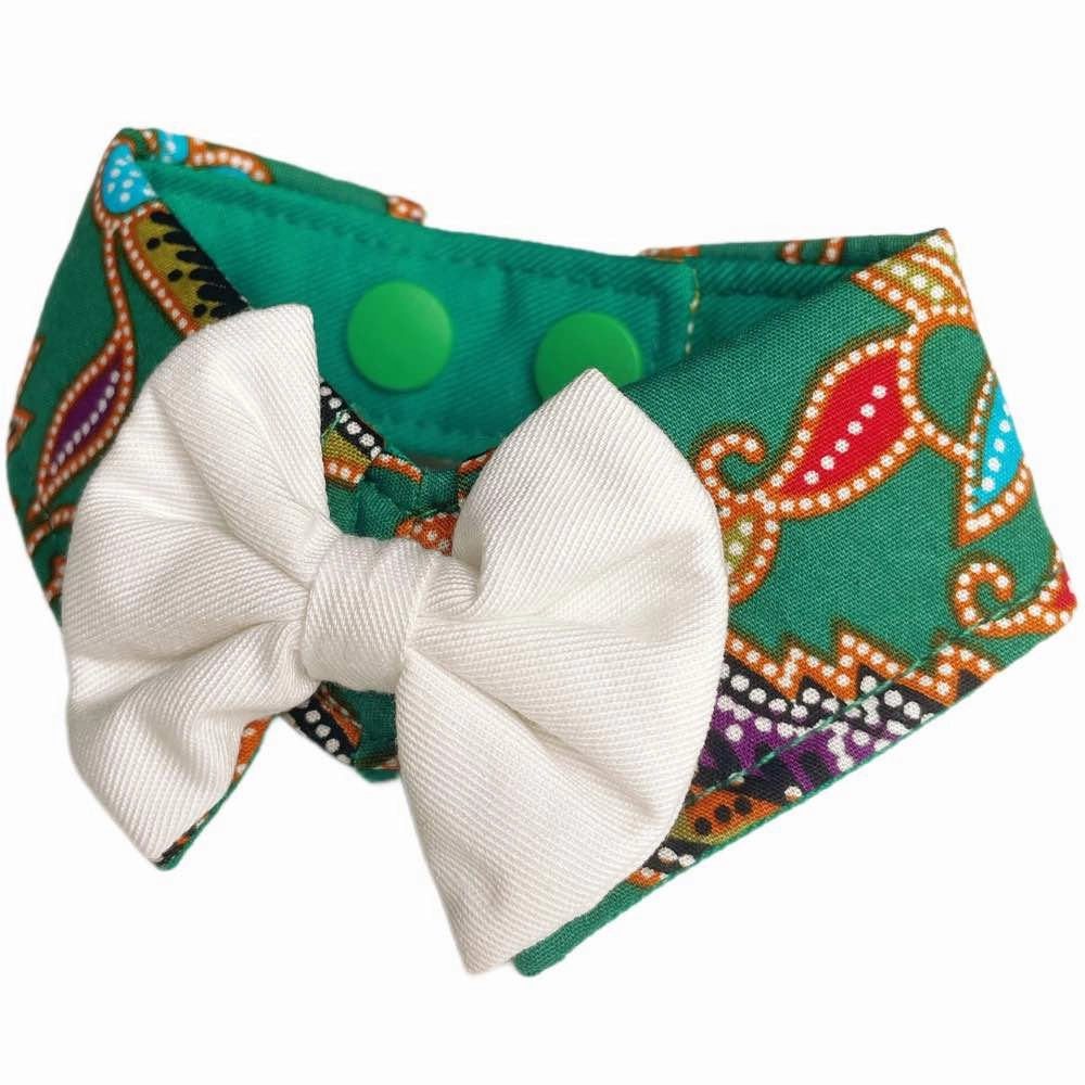 RuffCo Handcrafted Bowtie Button Collar For Cats & Dogs (Green Batik)
