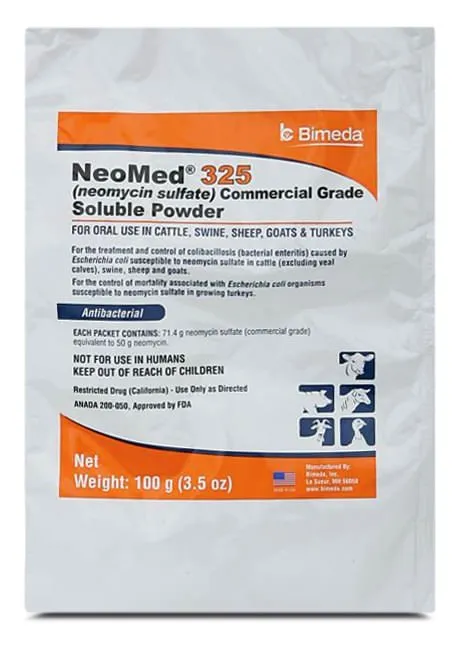 Rx Neomed 325 (neomycin sulfate commercial grade) Soluble Powder for Livestock, 100gm Bag