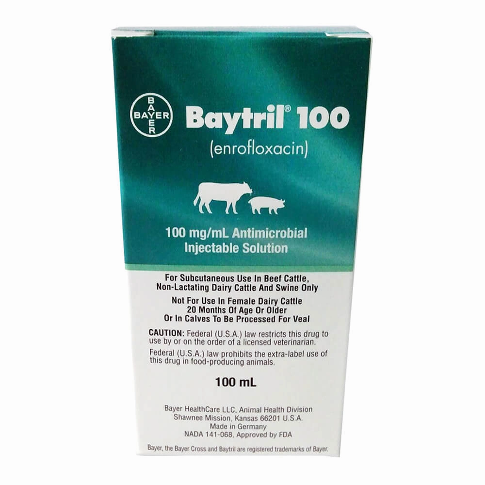 Rx Baytril 100 (enrofloxacin) 100mg/mL Antimicrobial Injectable Solution for Swine & Cattle