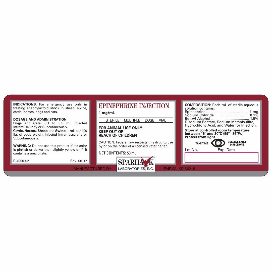 Rx Epinephrine Injection 1:1000, 50ml for Horses & Livestock