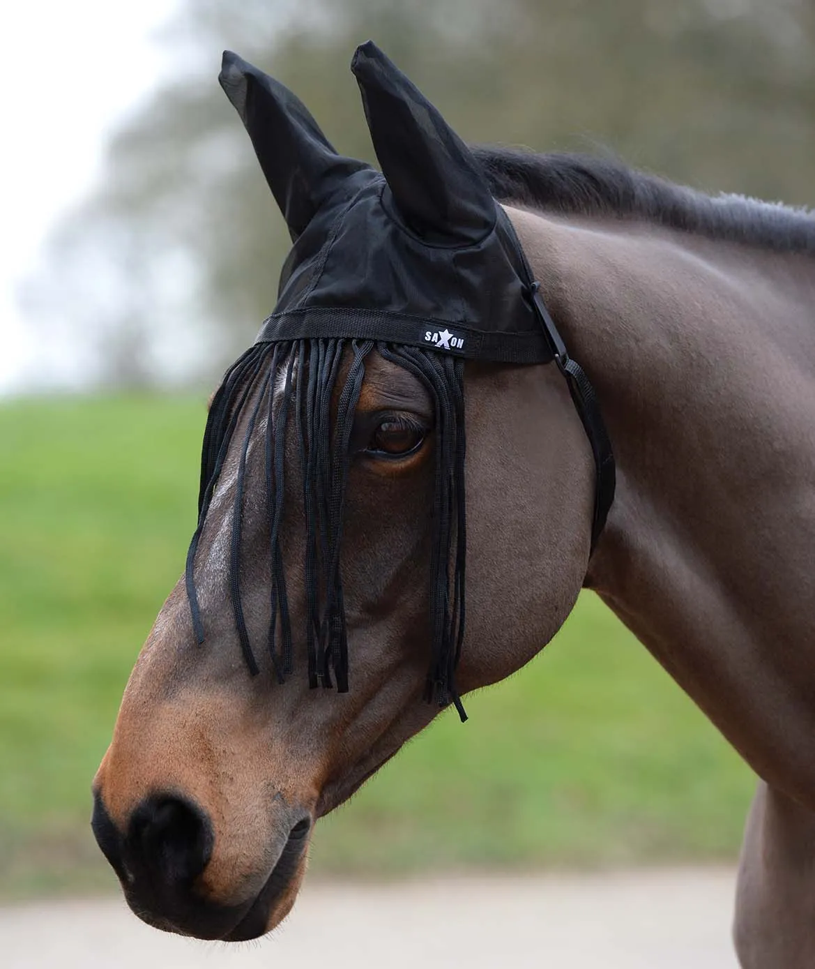 Saxon Fly Fringe Bonnet for Horses with Ears, Black
