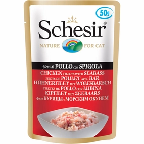 Schesir Chicken Fillets With Seabass Adult Pouch Cat Food 50g x 12 dog travel bag car seat cover pet carrier for car training leash dog training whistle