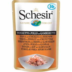 Schesir Tuna, Chicken With Shrimps Adult Pouch Cat Food 50g x 12 dog travel bag car seat cover pet carrier for car training leash dog training whistle