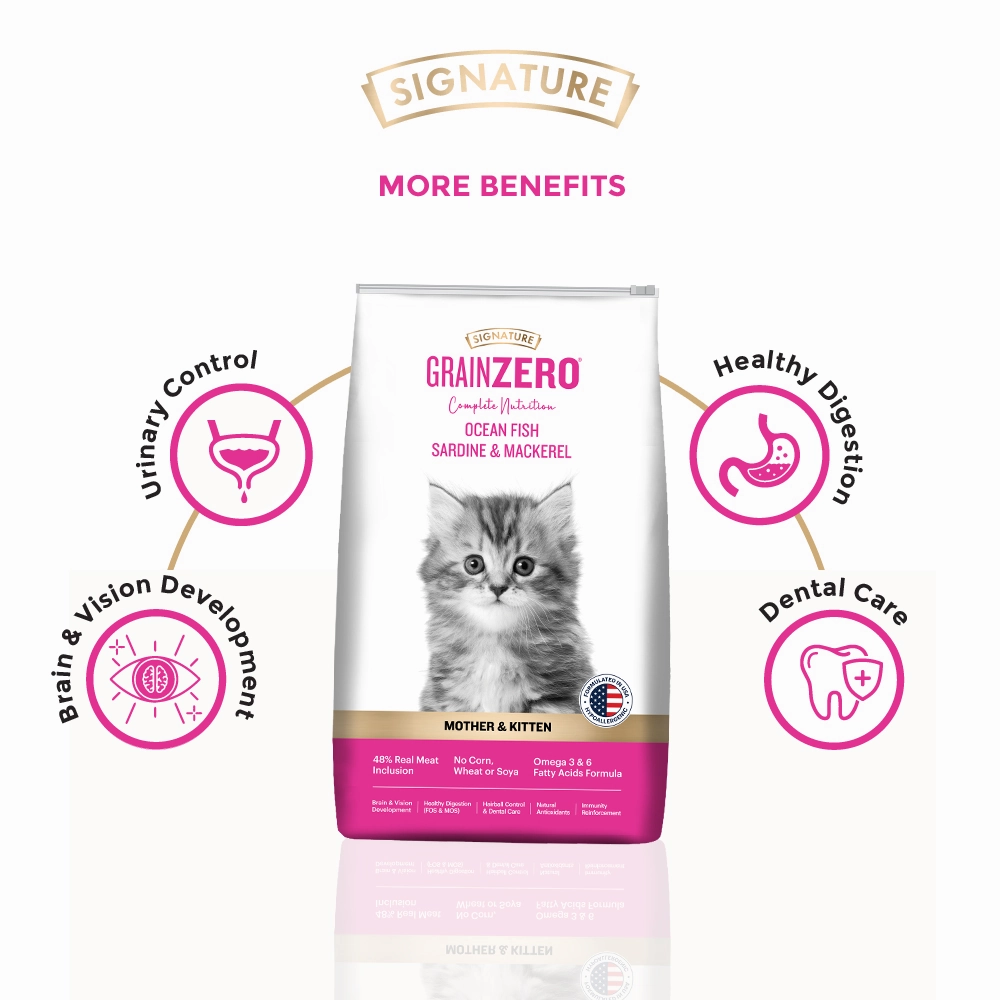 Signature Grain Zero Ocean Fish Sardine Mackerel Kitten Dry Food, Scoopy Lavender Natural Brown Sand Cat Litter Combo