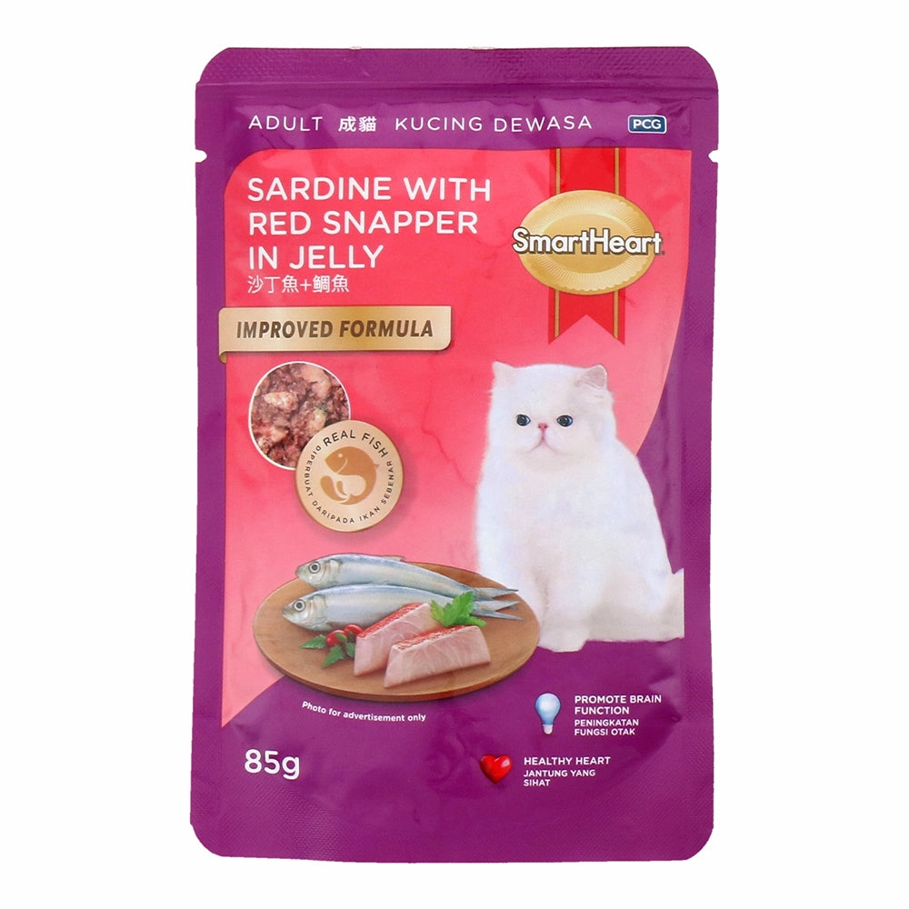SmartHeart Cat Pouch Sardine with Red Snapper in Jelly 85g