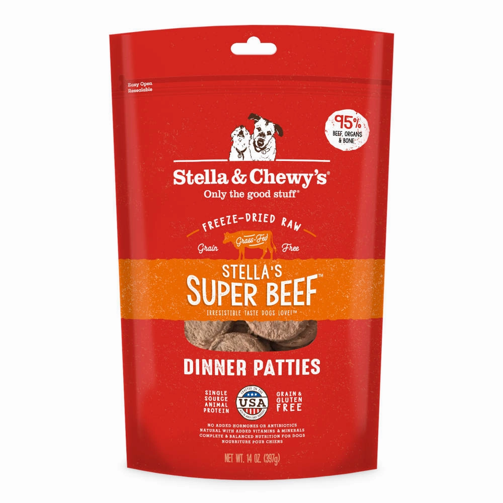Stella & Chewys Stellas Super Beef Dinner Patties Grain-Free Freeze-Dried Raw Dog Food dog sweater dog tuxedo dog dress holiday dog outfit dog birthday shirt