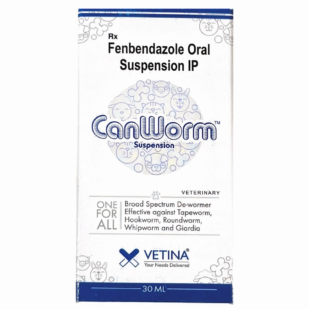 Vetina Canworm (Fenbendazole) Pet Deworming Suspension (30ml) and Venkys Gutwell Pre & Probiotics Gut Health Powder (!00g) for Dogs and Cats Combo