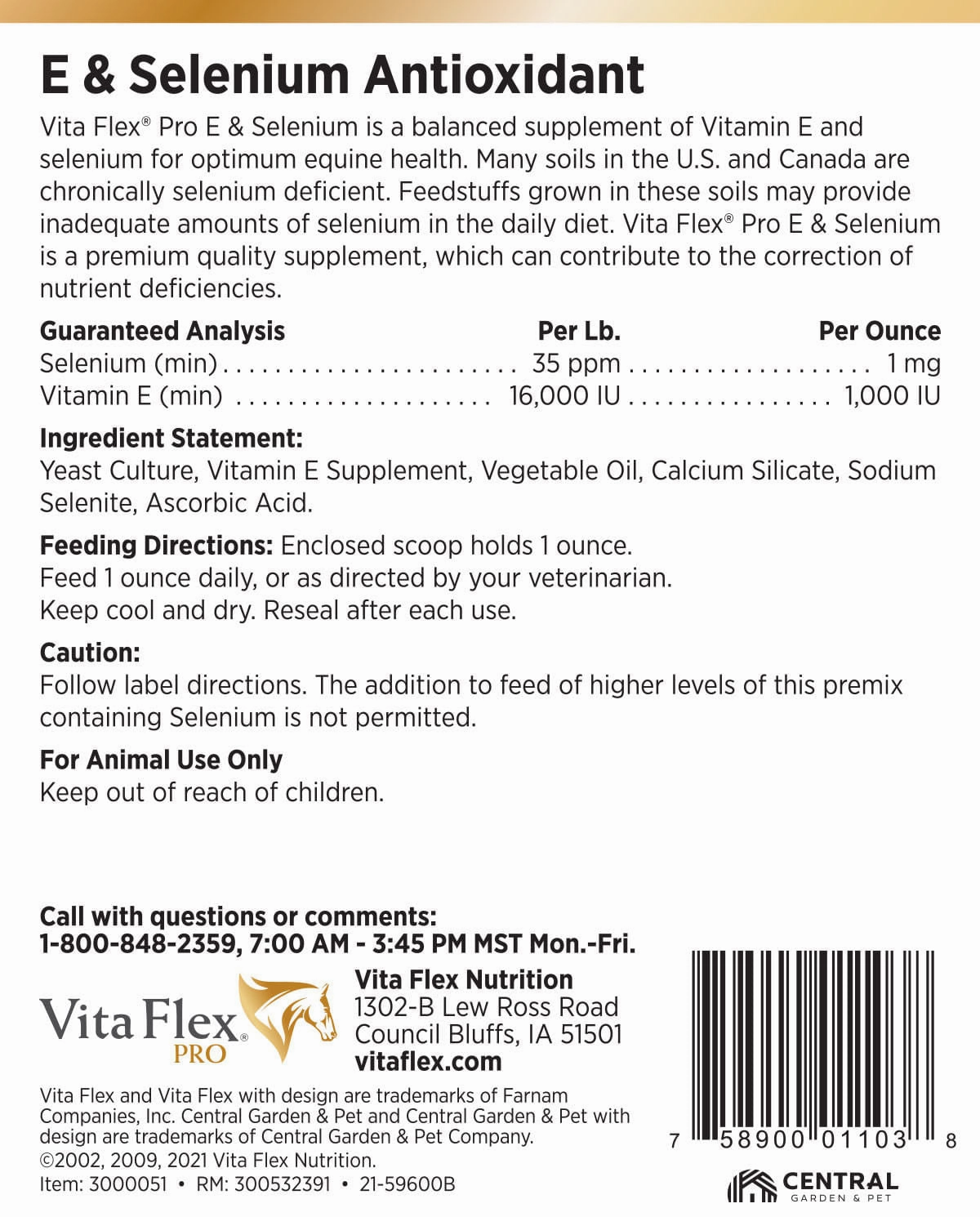 Vita Flex E and Selenium Supplement for Horses, Balanced Essential Antioxidants